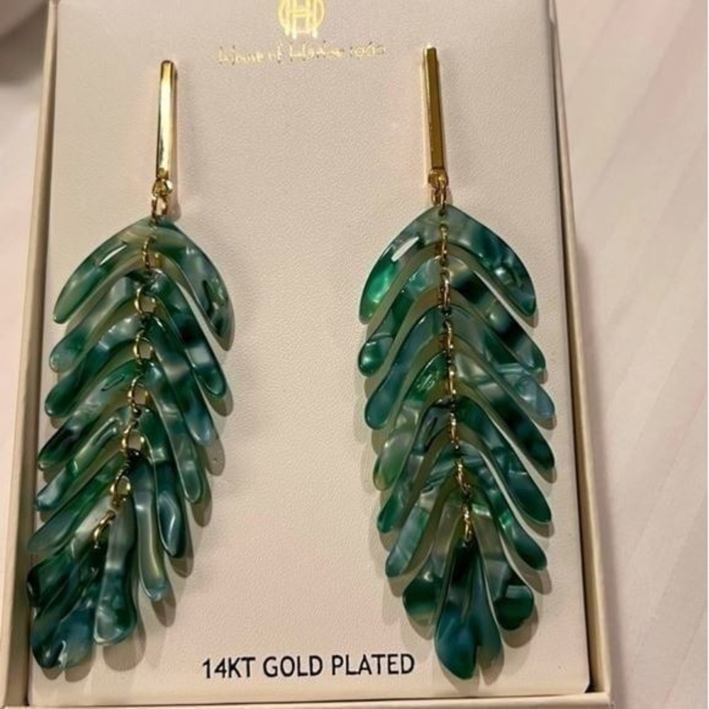 House of Harlow 1960 Palm Leaf dangle 14K‎ gold plated earrings New!!